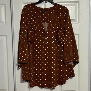 Torrid Harper Long Sleeved Blouse, Size 4, Brown and White Polka Dot
